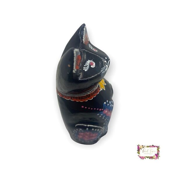 Vintage Lacquer Black Cat Figurine Hand Painted - Picture 2 of 12